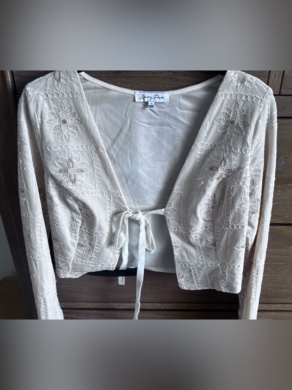 emory park Ivory Embroidered velvet Tie-Front Top